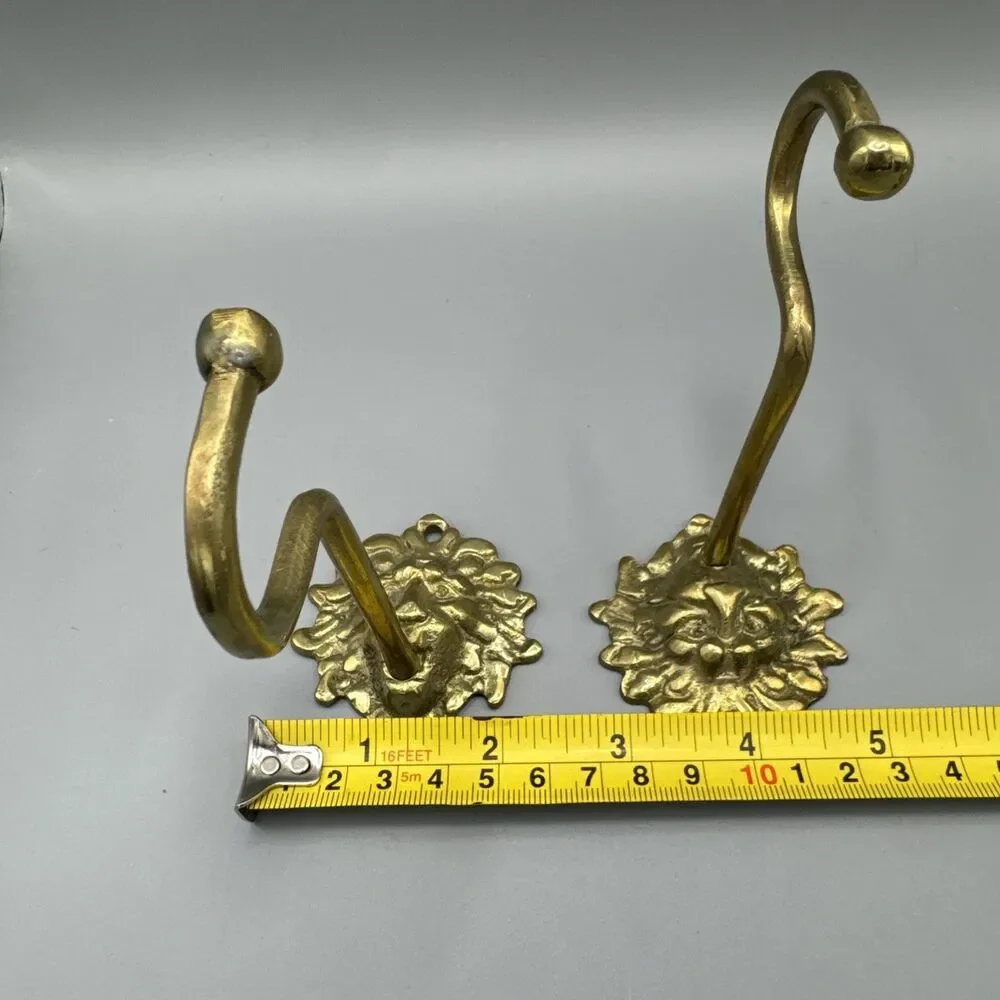 Vintage Brass Lion Head Curtain Holdbacks Tiebacks Wall Hooks Pair Mid Century